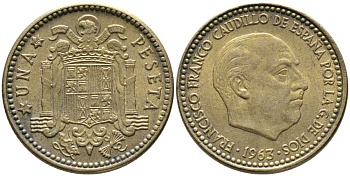 ИСПАНИЯ 1 ПЕСЕТА 1963 (66) ФРАНСИСКО ФРАНКО ДИКТАТОР ИСПАНИИ (1939-1975) KM 775 алюминиевая бронза 110-1147