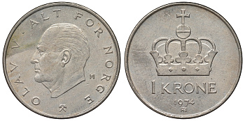 НОРВЕГИЯ 1 КРОНА 1974 ОЛАФ V KM 419 медно-никель 71-1432
