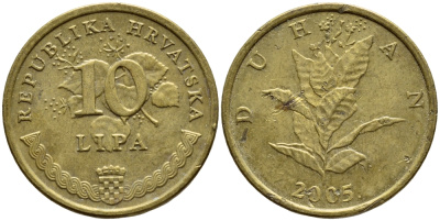 Хорватия 10 лип 2005 табак обыкновенный, легенда на хорватском KM 6 сталь плакированная латунью 4383-152