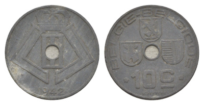 Бельгия 10 сантимов 1942 Belgie - Belgique, Леопольд III (1934-1947), германская оккупация, Вторая мировая война KM 126 цинк 4617-147