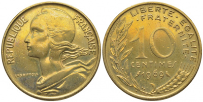 ФРАНЦИЯ 10 САНТИМОВ 1969 ТИП MARIANNE KM 929 медь алюминий никель 112-355