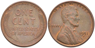 США 1 ЦЕНТ 1951 D, ЛИНКОЛЬН KM А132 медь цинк 218-558