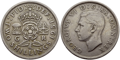 Великобритания 2 шиллинга (флорин) 1951 Георг VI (1936-1952) KM 878, Spink 4107 медно-никель 83-1647