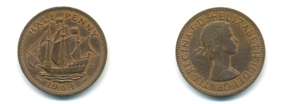 Великобритания 1/2 пенни 1964 Елизавета II (1952-2022) KM 896, Spink 4158 бронза 59-1223