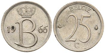 Бельгия 25 сантимов 1966 Belgie, Бодуэн I (1951-1993) KM 154.1 медно-никель 4609-364
