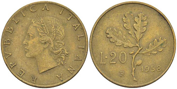 ИТАЛИЯ 20 ЛИР 1958 R, ДУБОВАЯ ВЕТВЬ KM 97.1 алюминиевая бронза 4390-1047