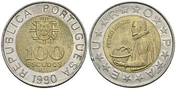 Португалия 100 эскудо 1990 Педру Нуниш (1502-1578), математик KM 645.1 биметалл 4148-534