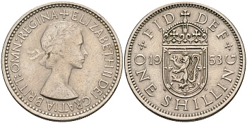 Великобритания 1 шиллинг 1953 Елизавета II (1952-2022), Шотландский герб KM 891, Spink 4140 медно-никель    4150-511