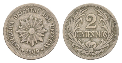 Уругвай 2 сентесимо 1909 KM 20 медно-никель 4649-752