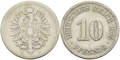 ГЕРМАНИЯ 10 ПФЕННИГОВ 1875 B, СТАРОГЕРБОВКА KM 4, J. 4 медно-никель 4401-243