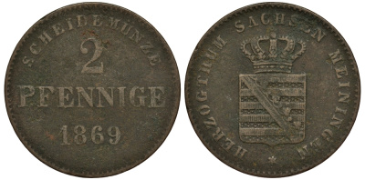 Саксен-Мейнинген 2 пфеннига 1869 Георг II (1866-1914) KM 174, Jaeger 448, AKS 215 медь 413-5322