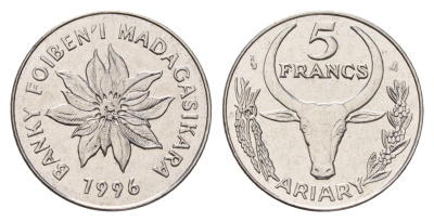 Мадагаскар 5 франков 1996 год-тип KM 21 нержавеющая сталь UNC 4669-512