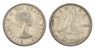 Канада 10 центов 1960 Елизавета II (1952-2022), парусник KM 51 серебро 4623-927