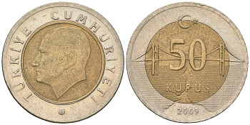 Турция 50 курушей 2009 KM 1243 биметалл 4610-1131
