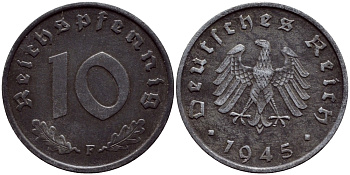 ГЕРМАНИЯ 10 РЕЙХСПФЕННИГОВ 1945 F КМ А104, J.375 цинк 54-2046