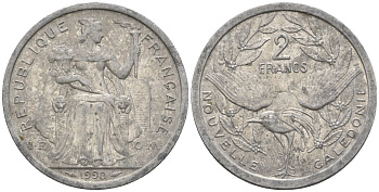 Французская Новая Каледония 2 франка 1990 птица кагу, (IEOM) KM 14, Schoen 11, Lec 66 алюминий    24-857