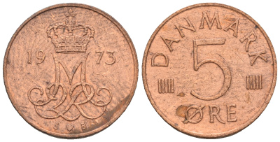 Дания 5 эре 1973 S; B, Маргрете II (1972- ) KM 859.1 железо плакированное медью 54-1038