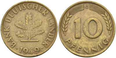 ФРГ 10 пфеннигов 1949 G KM 103, J. 378 сталь плакированная латунью 4586-633