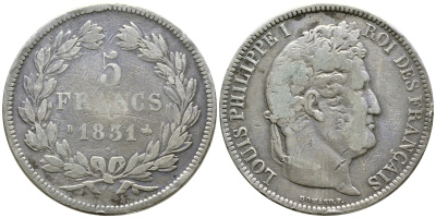 Франция 5 франков 1831 B, Луи Филипп I (1830-1848) KM 745.2 серебро 1066-5-16