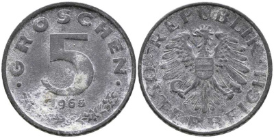 Австрия 5 грошей 1965 KM 2875 цинк 112-667