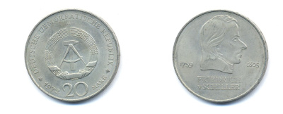 ГДР 20 марок 1972 А, Фридрих Шиллер (1759-1805) KM 40 медно-никель 3333-714