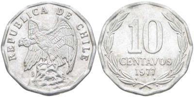 Чили 10 сентаво 1977 KM 205a алюминий 4402-351