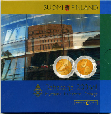 Финляндия евронабор из 8 монет + 2 евро юбилейная 2006 100 лет парламентских реформ, официальный набор в оригинальном буклете UNC 5-6-2-33