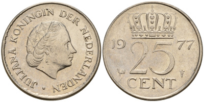 Нидерланды 25 центов 1977 Юлиана (1948-1980) KM 183 никель  4598-521