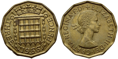 Великобритания 3 пенса 1966 Елизавета II (1952-2022) KM 900, Spink 4153 никель латунь 4393-113