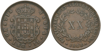 Португалия 20 реалов 1848 Мария II (1834-1853) KM 482 медь    4552-525