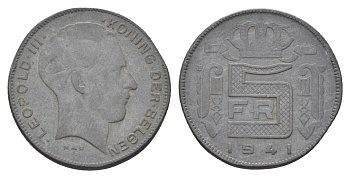 Бельгия 5 франков 1941 Belgen, Леопольд III (1934-1951) KM 130 цинк 4704-1045