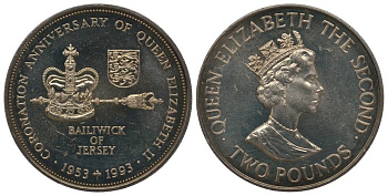 ДЖЕРСИ 2 ФУНТА 1993 40 ЛЕТ КОРОНАЦИИ ЕЛИЗАВЕТЫ II KM 89 медно-никель UNC 1078-3-23