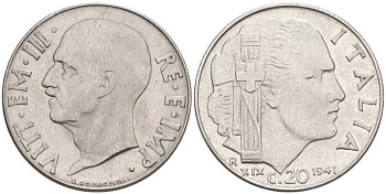 ИТАЛИЯ 20 ЧЕНТЕЗИМО 1941 R, ГОД XIX, ВИКТОР ЭММАНУИЛ III (1900-1946) KM 75b, VEM3. 1028 нержавеющая сталь 3853-551