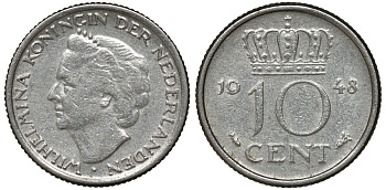 Нидерланды 10 центов 1948 Вильгельмина (1895-1948) KM 177 никель 72-1663