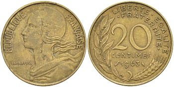 ФРАНЦИЯ 20 САНТИМОВ 1963 ТИП MARIANNE KM 930, Le Franc 156.3 медь алюминий никель 4514-923