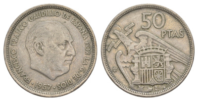 Испания 50 песет 1957 (58) Франсиско Франко (1939-1975) KM 788 медно-никель 4645-345