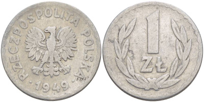 ПОЛЬША 1 ЗЛОТЫЙ 1949 MW KM 45а алюминий 4551-1043