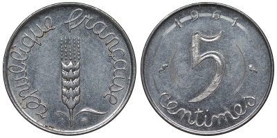 Франция 5 сантимов 1961 KM 927, Le Franc 124.3 хромированная сталь 4128-131