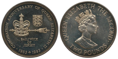 ДЖЕРСИ 2 ФУНТА 1993 40 ЛЕТ КОРОНАЦИИ ЕЛИЗАВЕТЫ II KM 89 медно-никель UNC 00-00