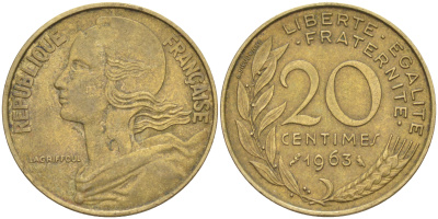ФРАНЦИЯ 20 САНТИМОВ 1963 ТИП MARIANNE KM 930, Le Franc 156.3 медь алюминий никель 4514-923