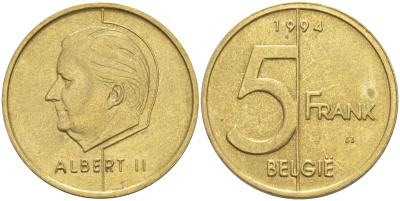 БЕЛЬГИЯ 5 ФРАНКОВ 1994 BELGIE, АЛЬБЕРТ II (1993-) KM 190 алюминиевая бронза 106-557
