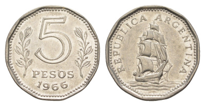 Аргентина 5 песо 1966 KM 59 сталь плакированная никелем 4636-321