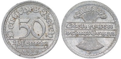 Германия 50 пфеннигов 1921 J KM 27, J. 301 алюминий 4114-853