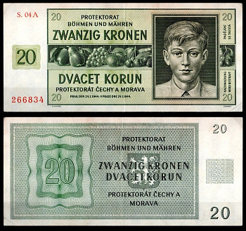 Богемия и Моравия 20 крон 1944 Мальчик, фрукт Pick 9 a(1) бумага 451-1045-2