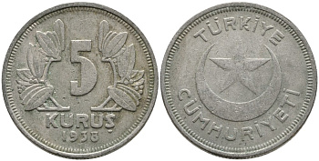 ТУРЦИЯ 5 КУРУШЕЙ 1938 KM 862 медно-никель 4541-245