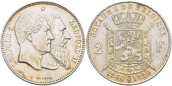 Бельгия 2 франка 1880 50 лет независимости (1830-1880) Леопольд  I и Леопольд II KM 39 серебро 00-00