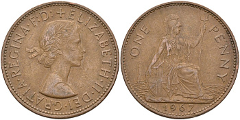 Великобритания 1 пенни 1967 Елизавета II (1952-2022) KM 897, Spink 4157 бронза 4574-325