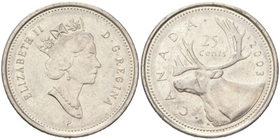 Канада 25 центов 2003 P, Елизавета II, олень KM 184b сталь плакированная никель aUNC 4143-352
