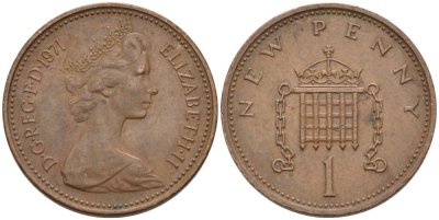 Великобритания 1 пенни 1971 Елизавета II (1952-2022) KM 915, Spink 4237 (B1) бронза 4567-855