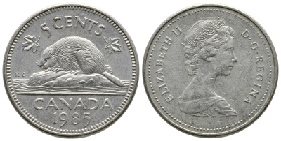 КАНАДА 5 ЦЕНТОВ 1985 ЕЛИЗАВЕТА II, БОБЕР KM 60.2а медно-никель 4364-2626